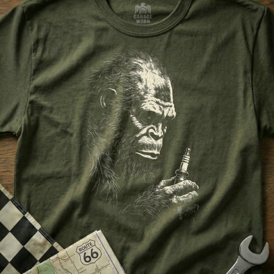 Olive green t-shirt with Bigfoot holding a spark plug.