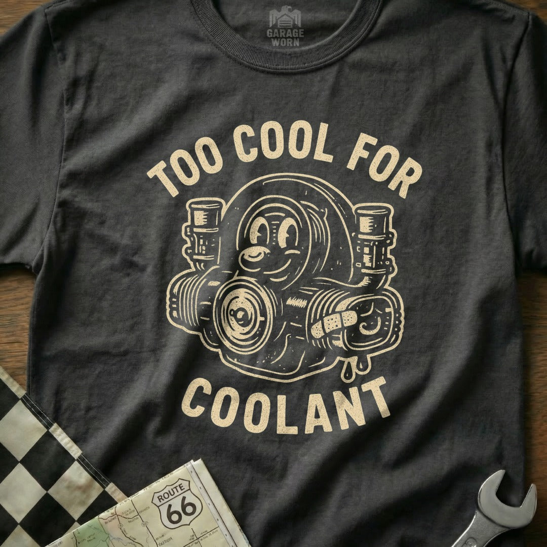Dark gray t-shirt with cartoon turbocharger and "Too Cool For Coolant" text.