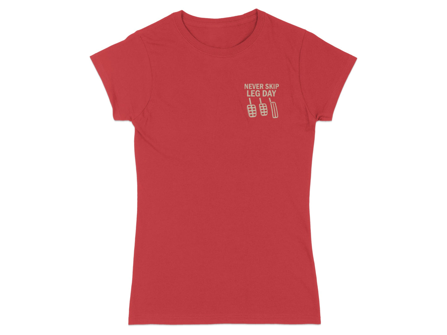 Red t-shirt with "NEVER SKIP LEG DAY" and pedal graphic.