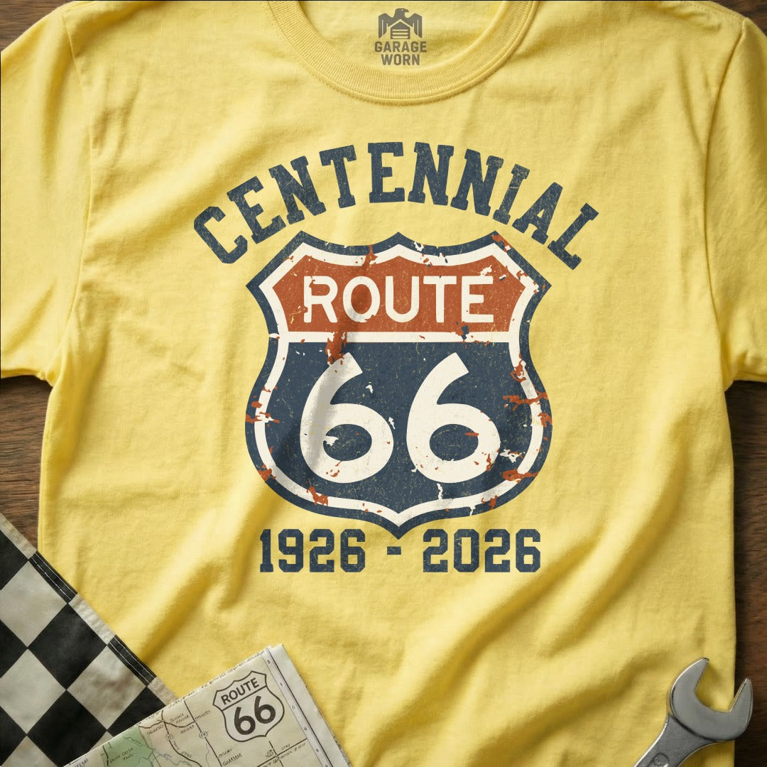 Yellow t-shirt with Route 66 centennial logo and dates.