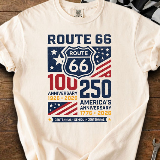 Route 66 anniversary shirt featuring "100" and "250" with dates.