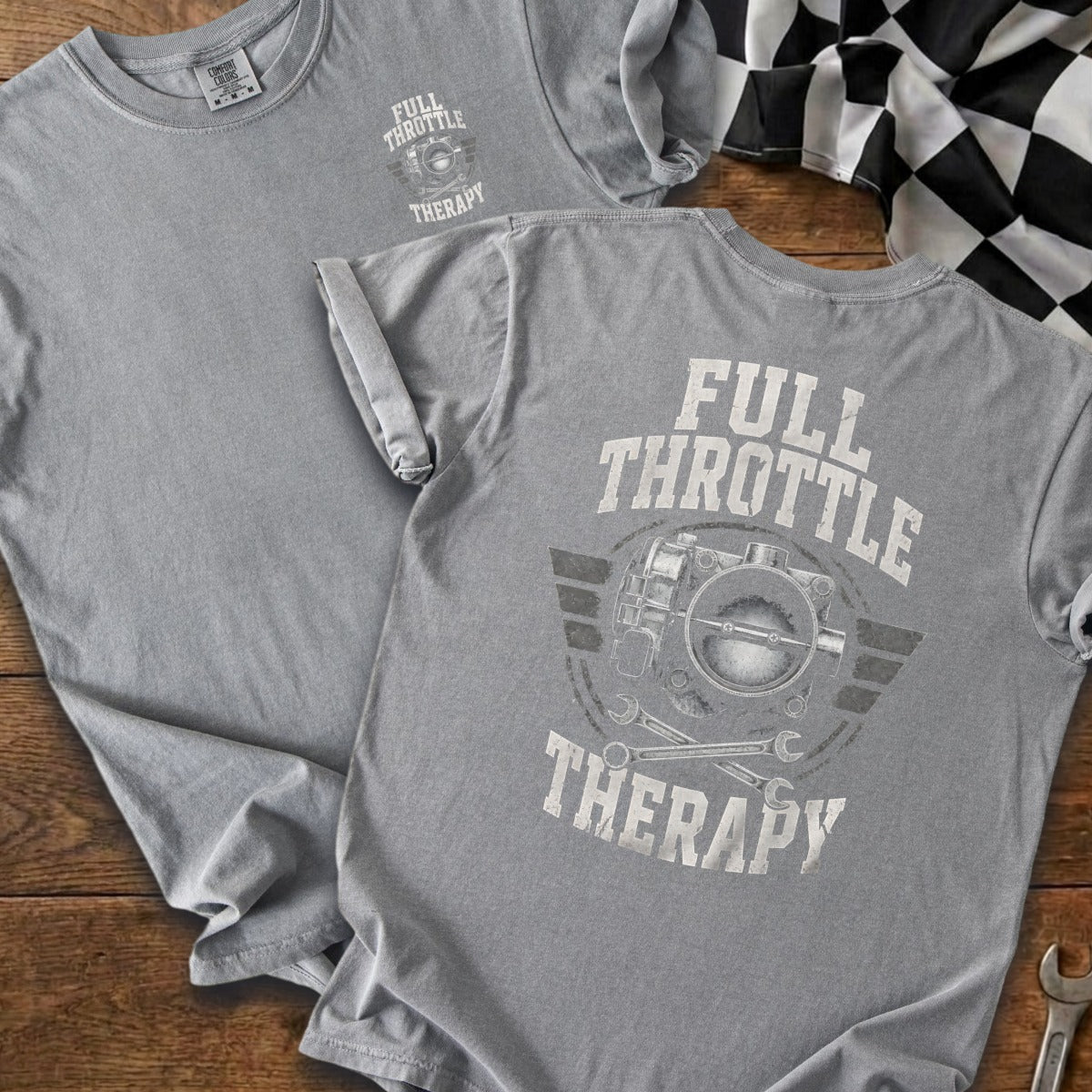 Gray t-shirt with "Full Throttle Therapy" graphic and automotive parts.