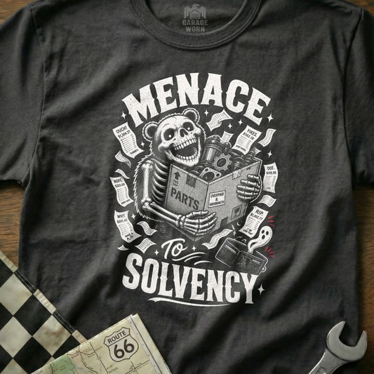 Skeleton bear holding box of parts surrounded by receipts with text "Menace To Solvency".