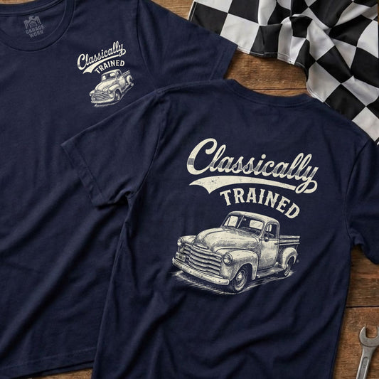 Navy t-shirts with distressed "Classically Trained" text and vintage truck graphic.