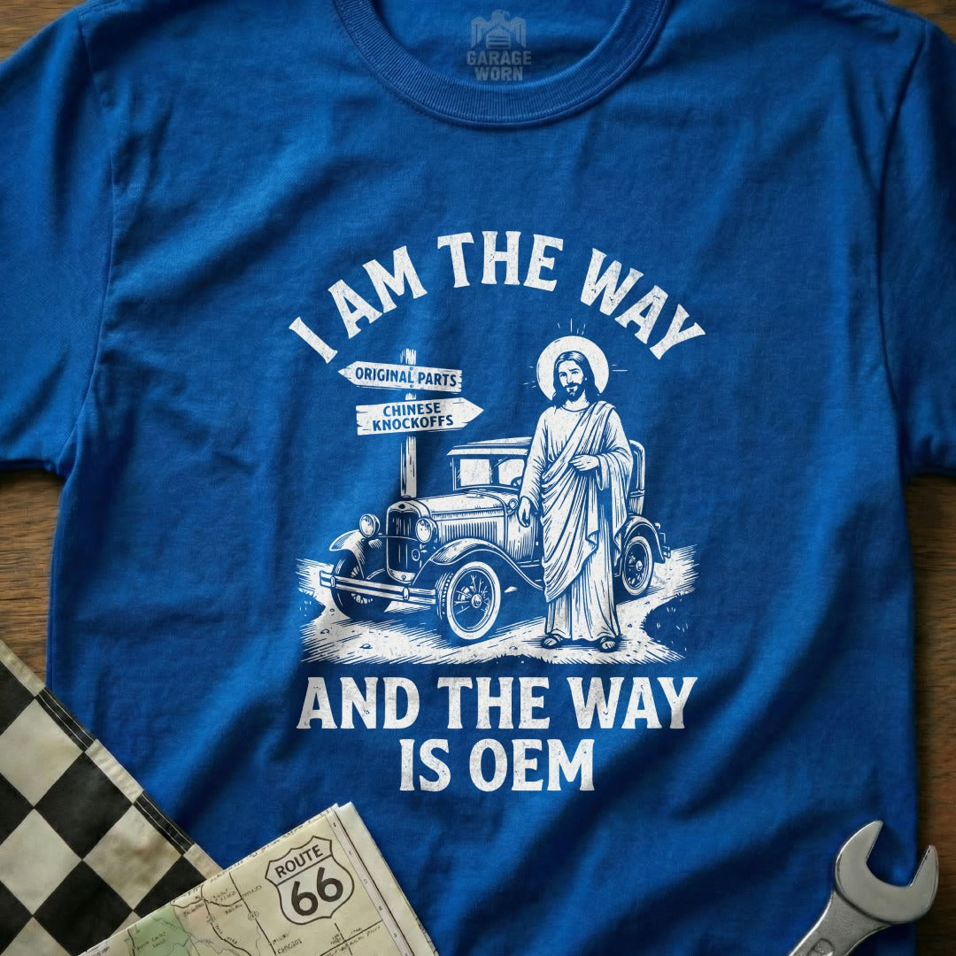 Blue t-shirt with Jesus and a vintage car, text about OEM.