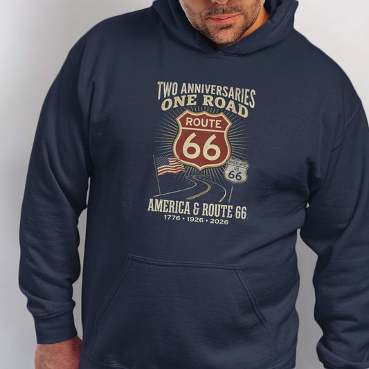 Navy hoodie with Route 66 and America design, commemorating 1776, 1926, and 2026.