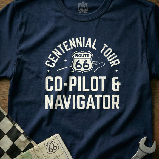 Navy t-shirt with white text: "Centennial Tour Route 66 Co-Pilot & Navigator".