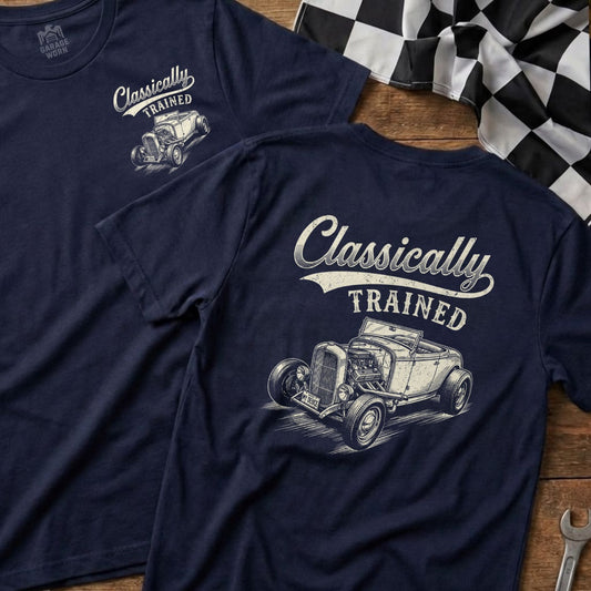 Navy t-shirt with "Classically Trained" slogan and vintage hot rod graphic.