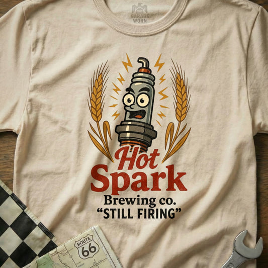 Hot Spark Brewing Co. "Still Firing" t-shirt with spark plug graphic.