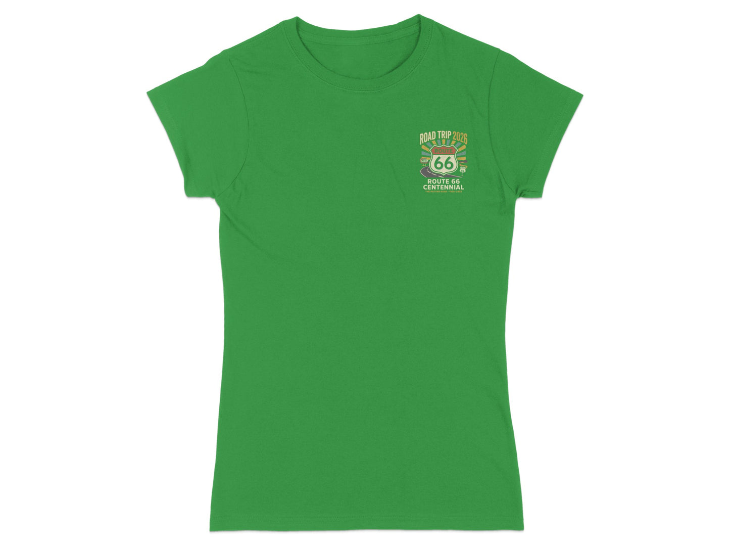 Green t-shirt with "Road Trip 2026 Route 66 Centennial" graphic.