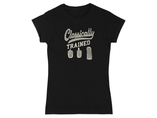 Black t-shirt with "Classically Trained" and car pedals graphic.