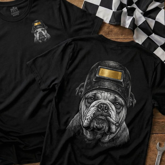 Black t-shirt with detailed graphic of bulldog wearing welding helmet and smoking.