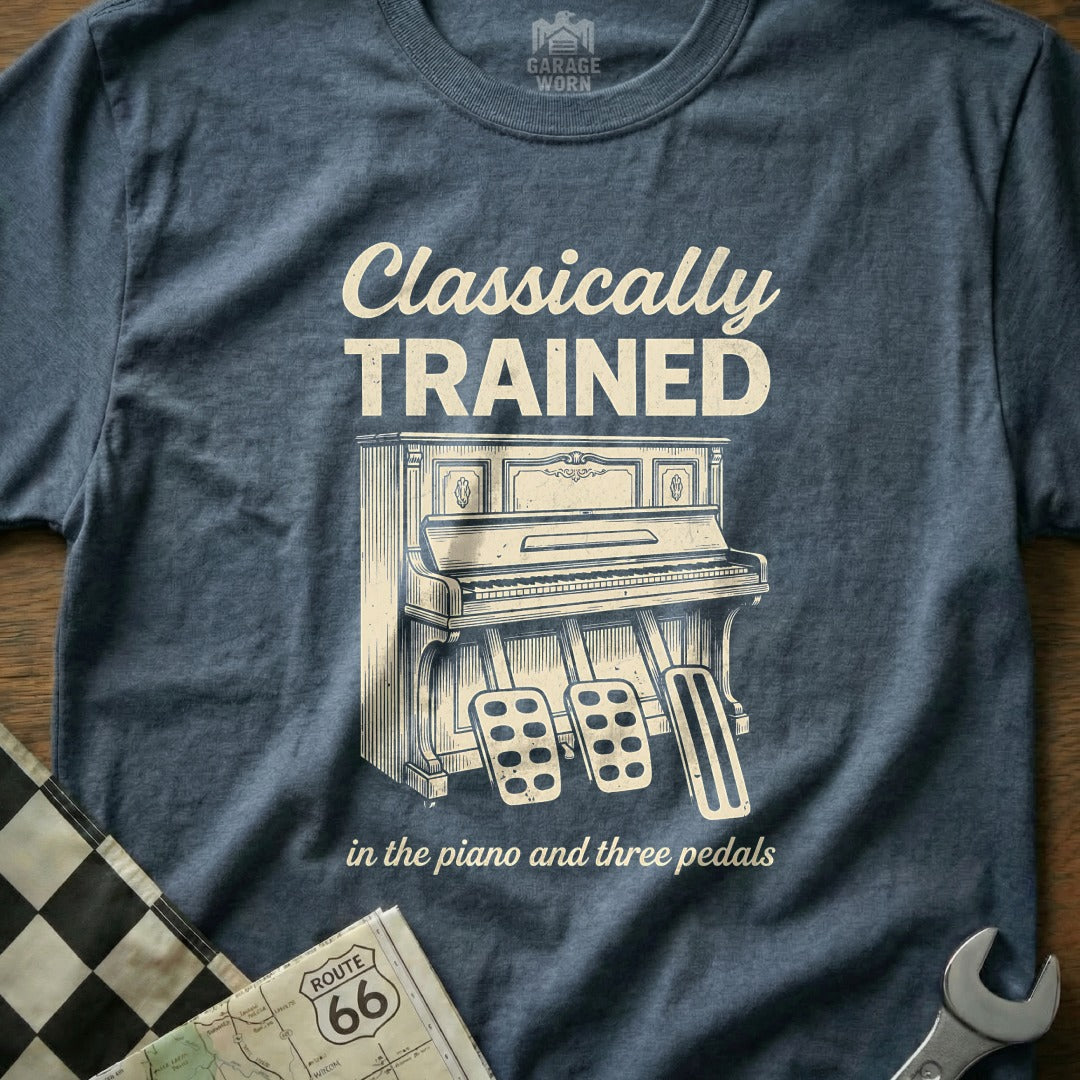 T-shirt with a drawing of a piano and three pedals, "Classically Trained".