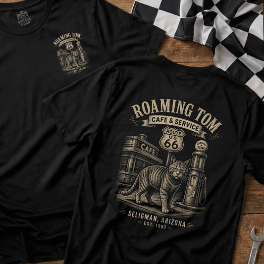 Black t-shirt with Roaming Tom Cafe & Service Route 66 cat design.