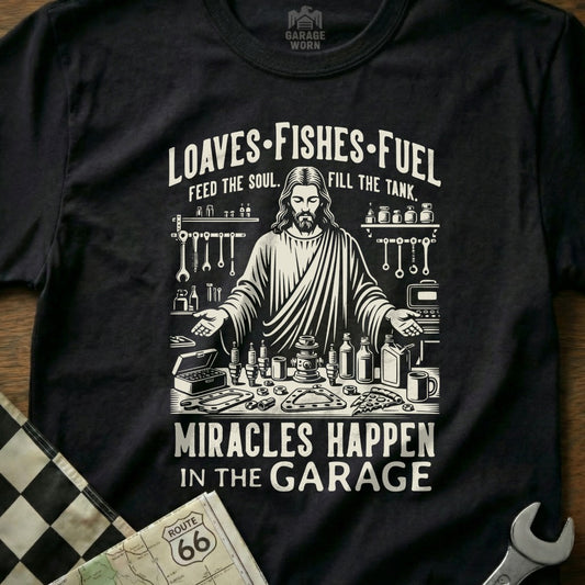 Loaves Fishes Fuel Miracles Happen In The Garage product type