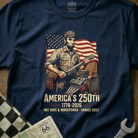 Abraham Lincoln with a wrench and engine, celebrating America's 250th.