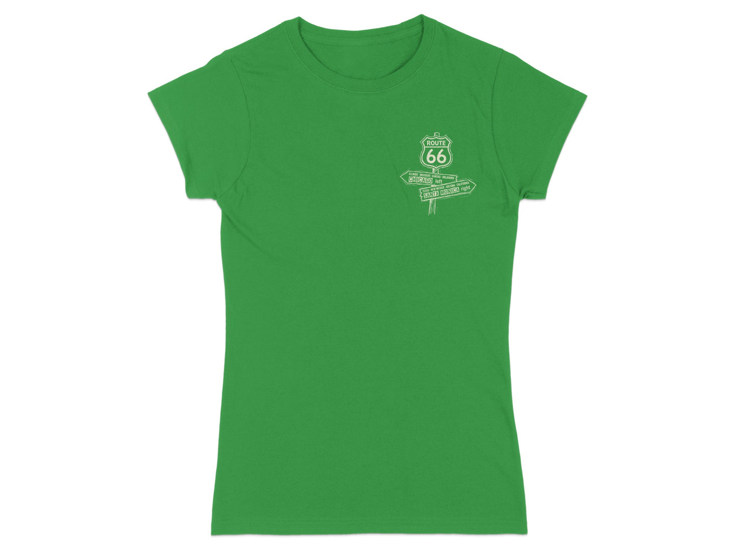 Green t-shirt with Route 66 directional sign graphic indicating Chicago left and Santa Monica right.