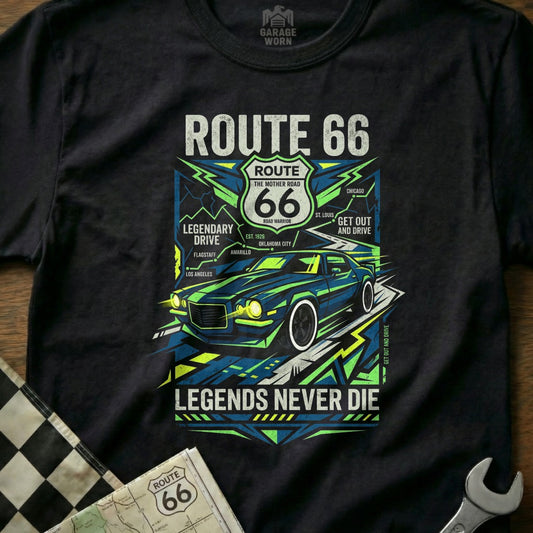 Black t-shirt with Route 66 graphic featuring a retro car and road trip text.
