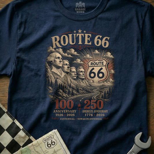 Route 66 graphic with Mount Rushmore, celebrating a 100-year anniversary.