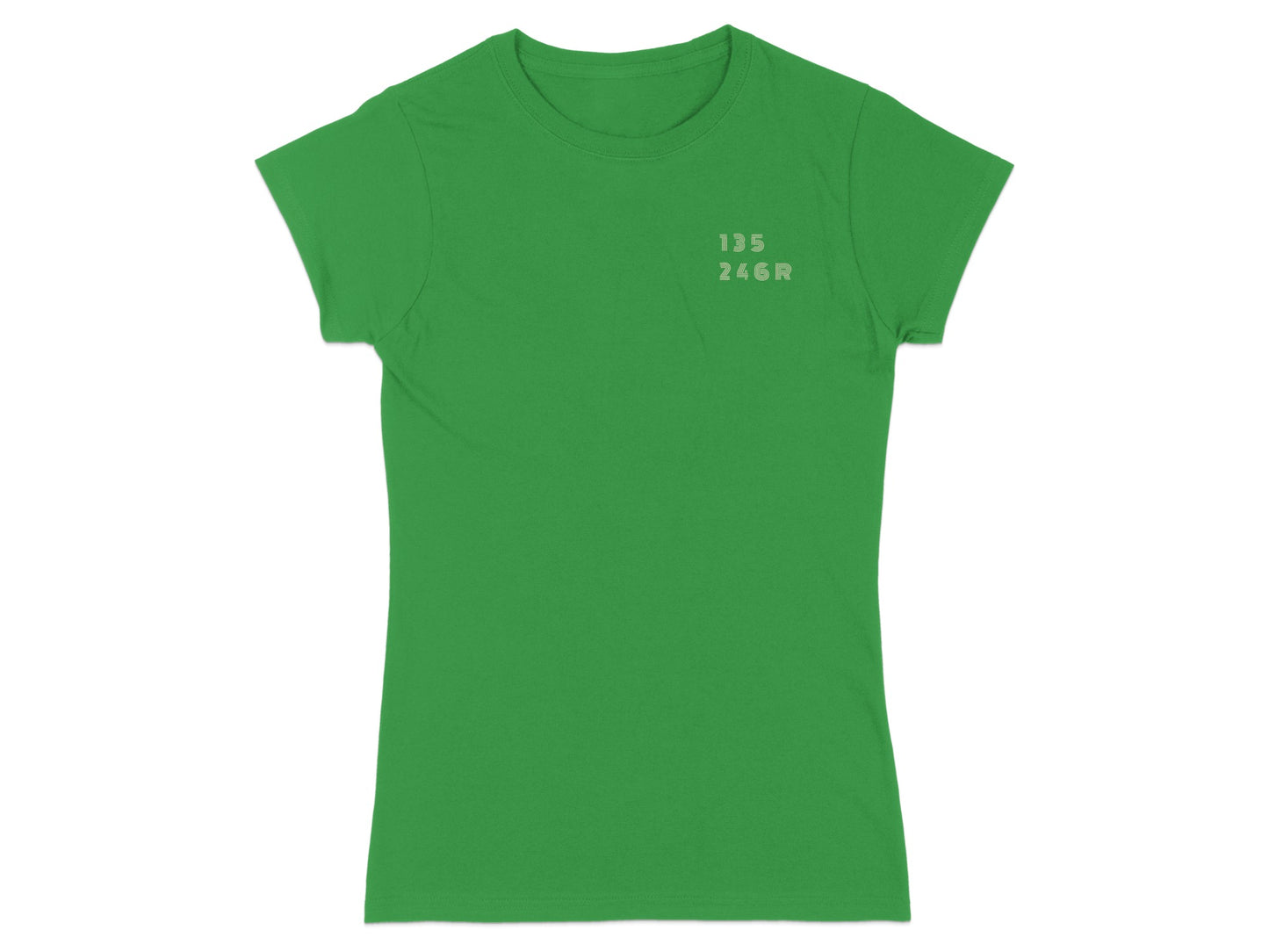 Green t-shirt with embroidered "135 246R" text on the left chest.