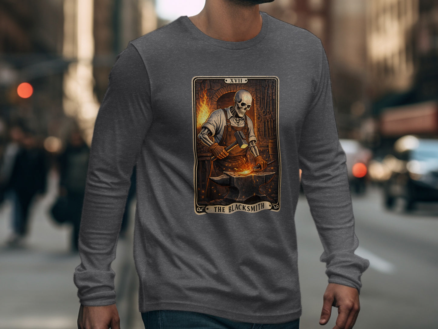 Skeleton Blacksmith Graphic Long Sleeve T-Shirt