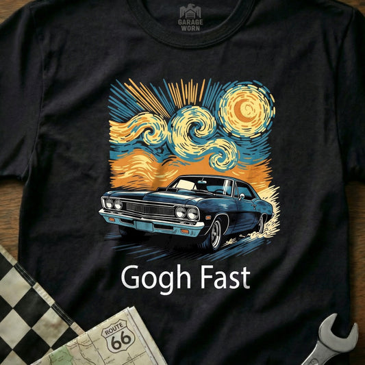 Black t-shirt with Van Gogh-inspired swirling sky and classic car, "Gogh Fast".