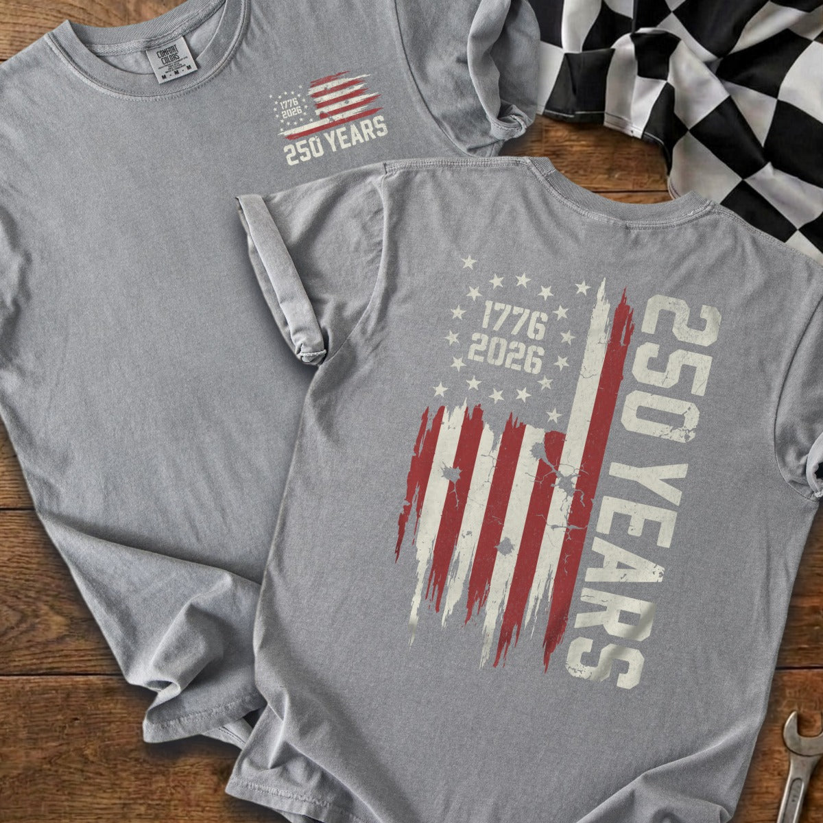 Two gray t-shirts with a distressed American flag graphic and "250 Years" text.