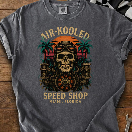T-shirt with skull biker graphic, "Air-Kooled Speed Shop Miami, Florida" text.