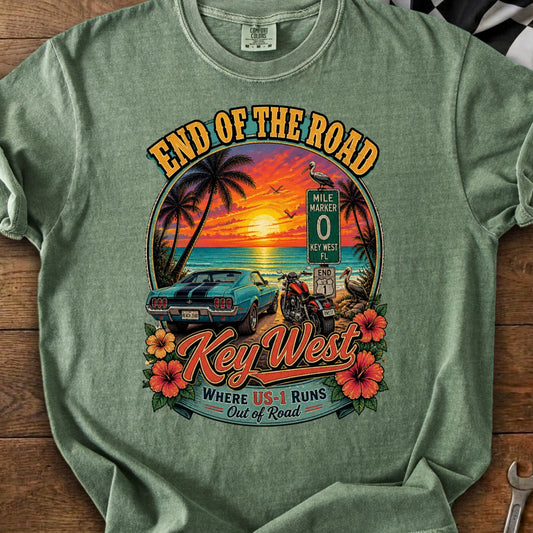 Tropical graphic with car, motorcycle, and sunset, "End of the Road" and "Key West" text.