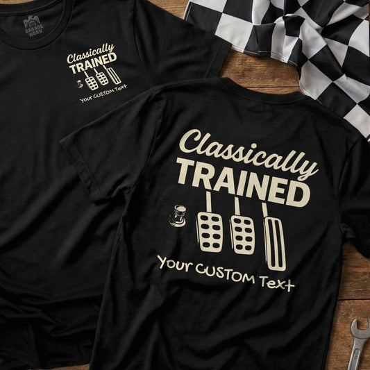 Black t-shirts with "Classically Trained" and pedals graphic.