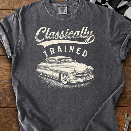 Dark grey t-shirt with "Classically TRAINED" and a vintage car graphic.