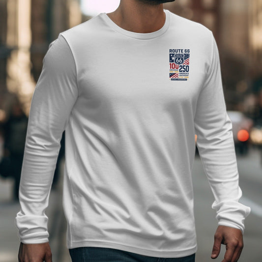 White long-sleeve shirt with Route 66 100th and America's 250th anniversary graphic.