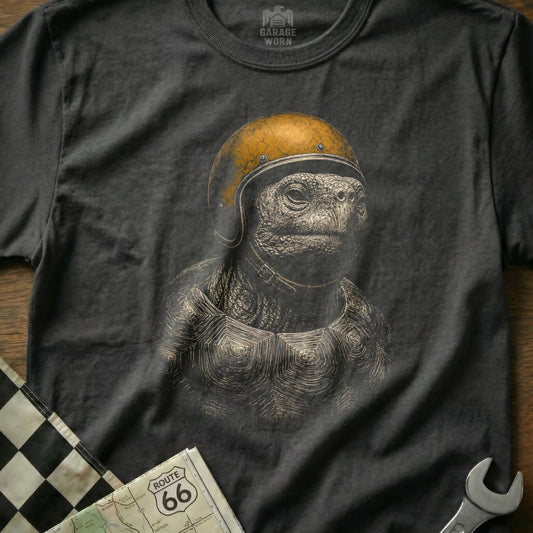 Dark t-shirt features a turtle wearing a yellow motorcycle helmet and the "Garage Worn" logo.