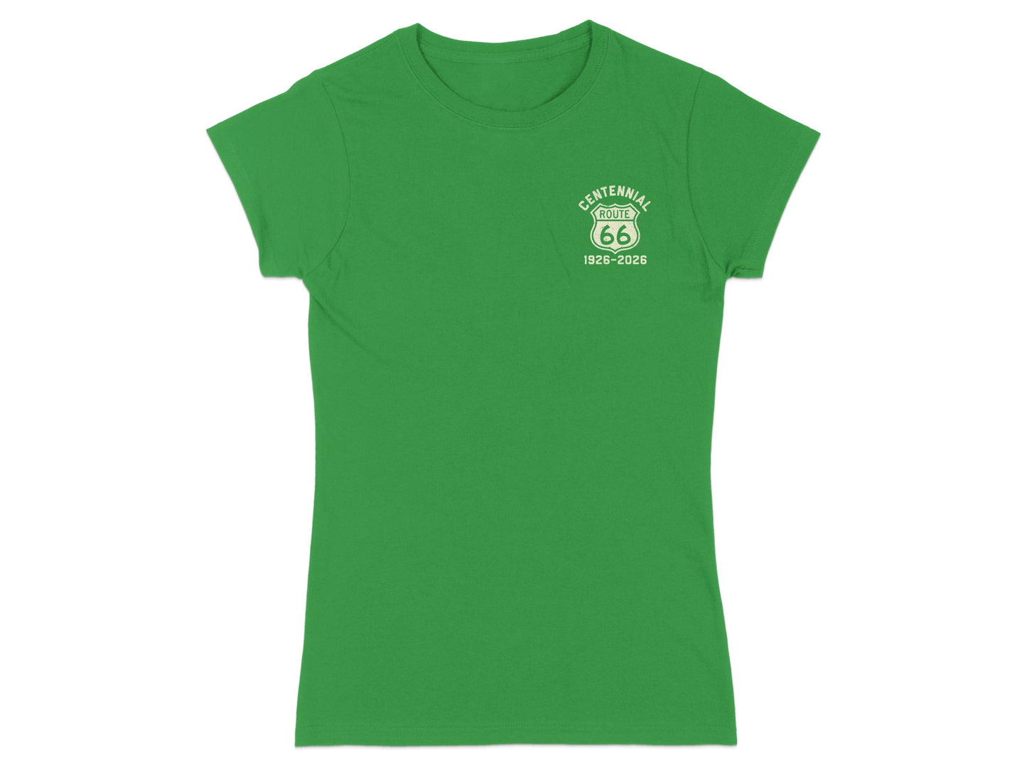 Green t-shirt with white "Centennial Route 66 1926-2026" logo.