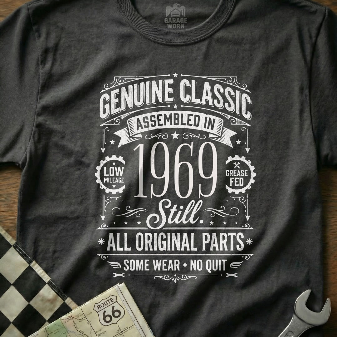 Black t-shirt with "Genuine Classic 1969 Still All Original Parts" text.