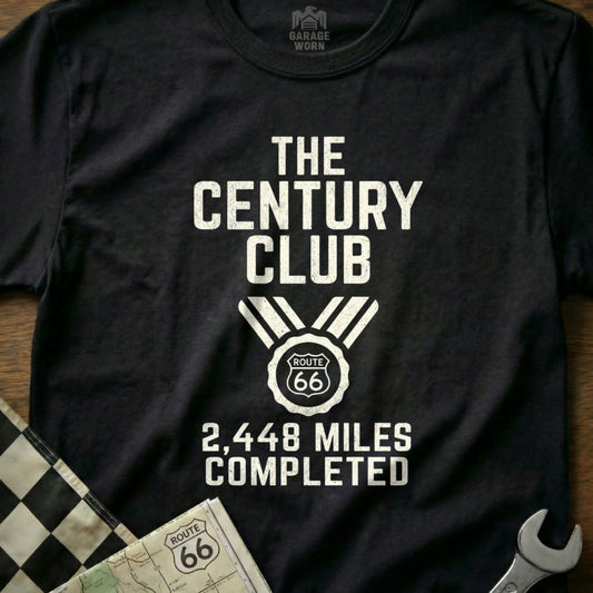 Black t-shirt with "The Century Club, Route 66, 2,448 Miles Completed."