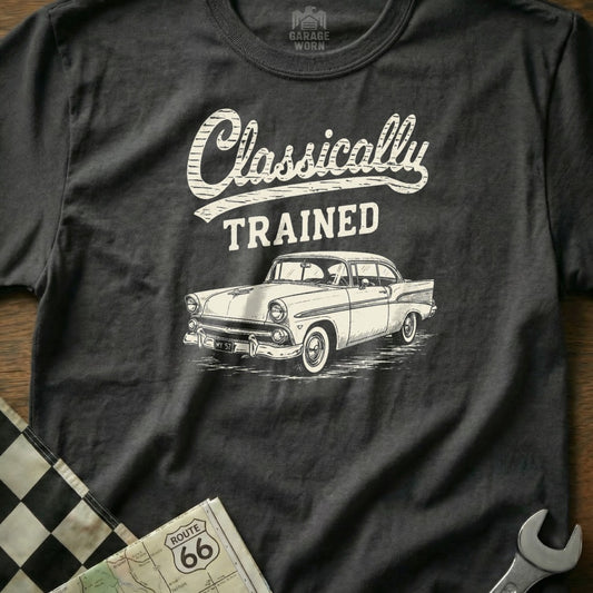 Charcoal t-shirt with "Classically TRAINED" and a drawing of a vintage car.