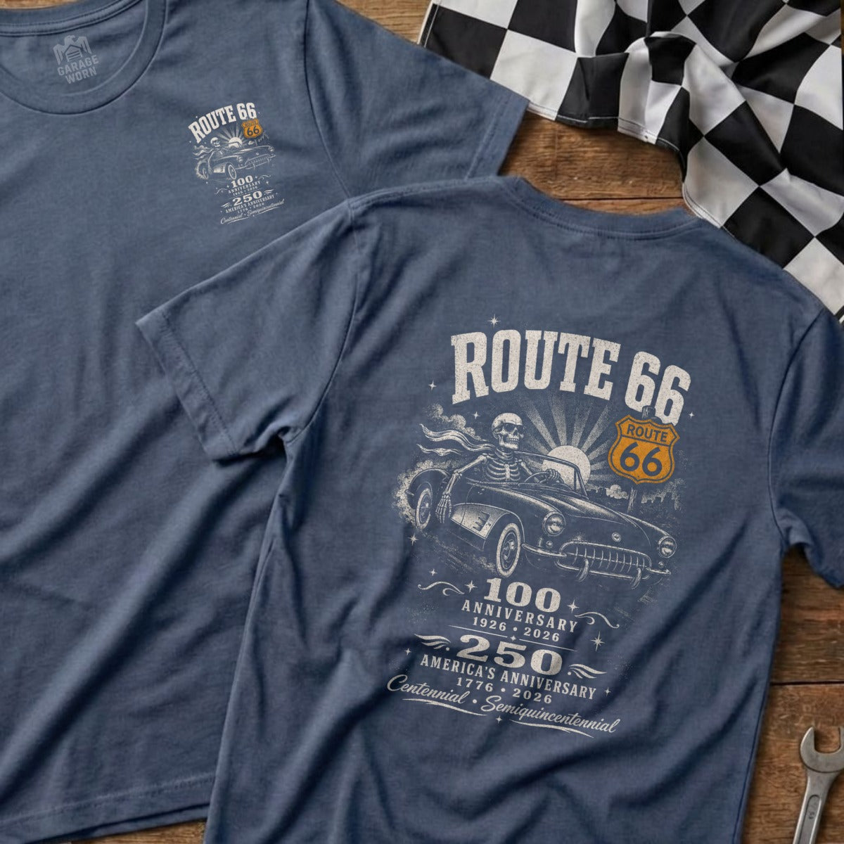 Route 66 shirt featuring a skeleton driving a classic car with anniversary dates.