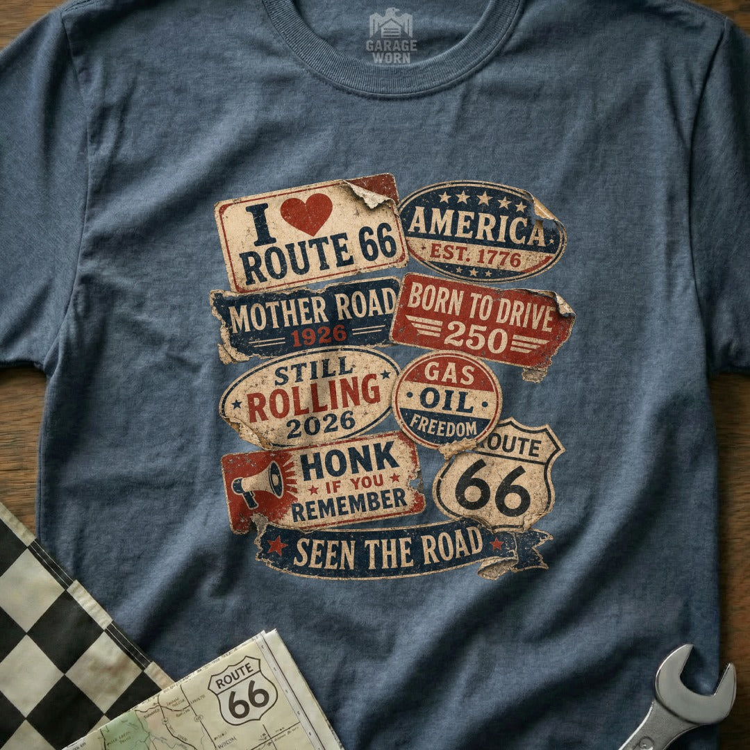 T-shirt with vintage Route 66 graphics and text "Seen The Road".