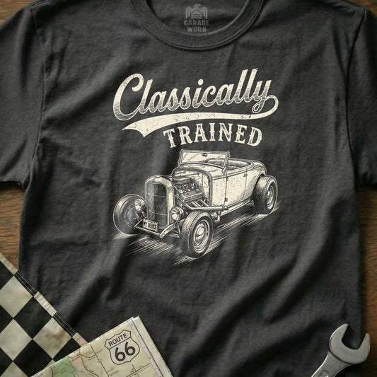 T-shirt featuring a classic hot rod and "Classically Trained" text.