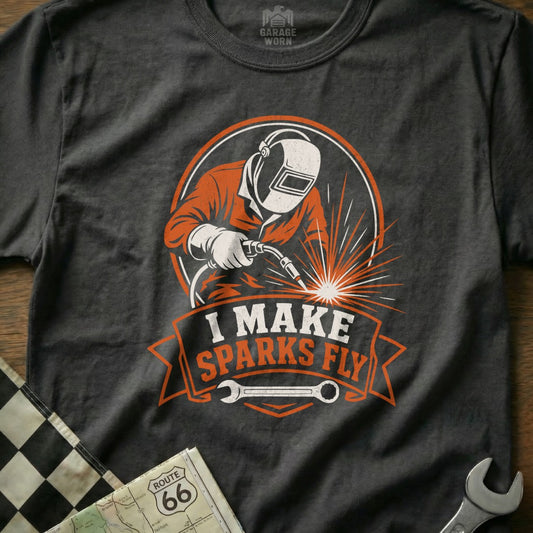 Welder wearing mask and gloves, sparks flying, text "I MAKE SPARKS FLY".