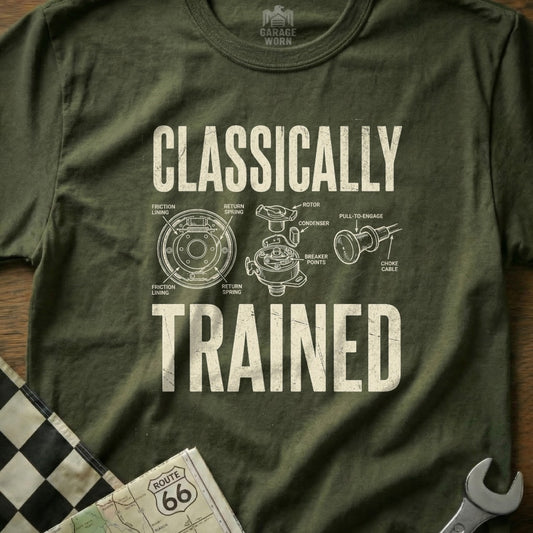 Distressed t-shirt with diagram of a car distributor labeled "Classically Trained."