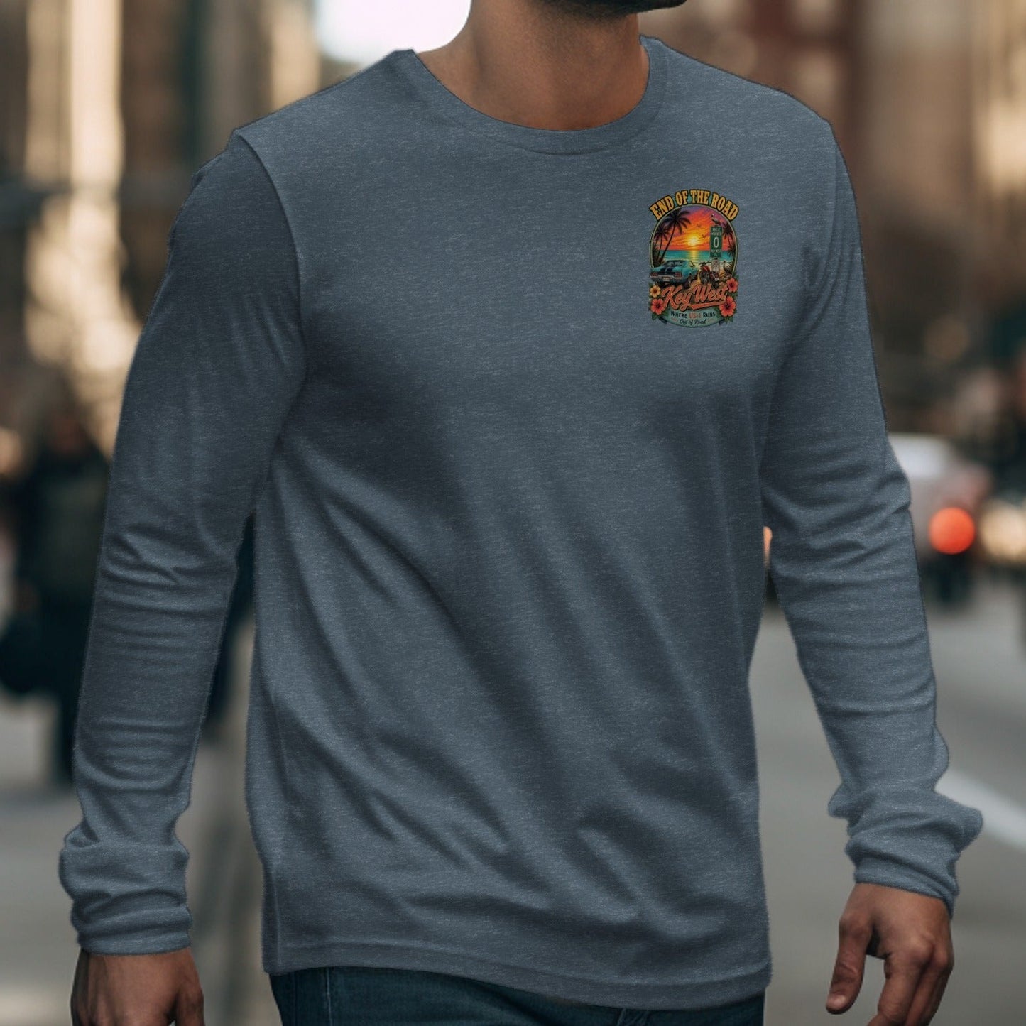 Dark grey long-sleeve t-shirt with "End of the Road Key West" graphic.