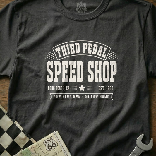 Charcoal t-shirt with "Third Pedal Speed Shop" and Route 66 graphic.