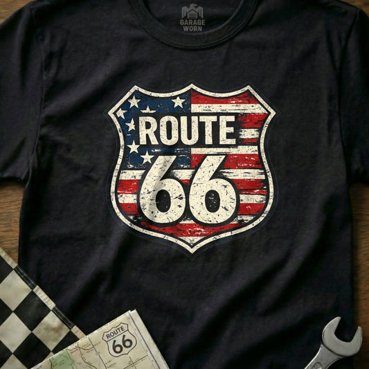 Distressed Route 66 shield logo on a black t-shirt.
