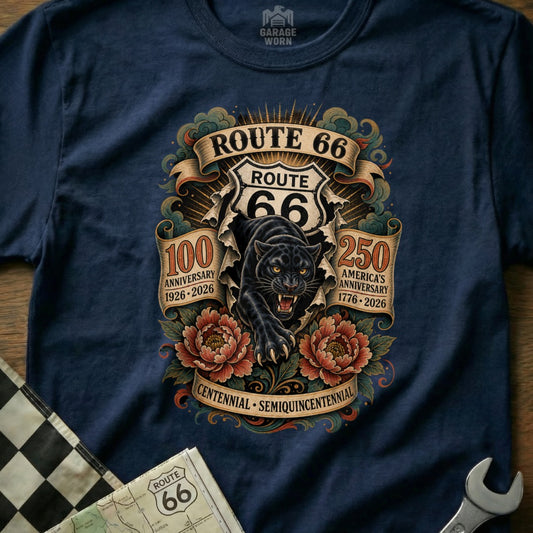 Navy t-shirt with a Route 66 centennial and America's 250th anniversary graphic.
