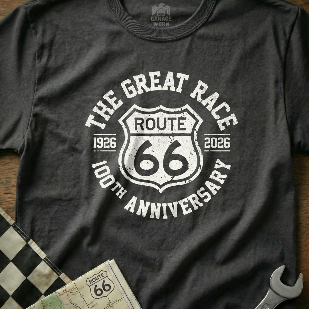 Dark t-shirt with "The Great Race Route 66 100th Anniversary" text.