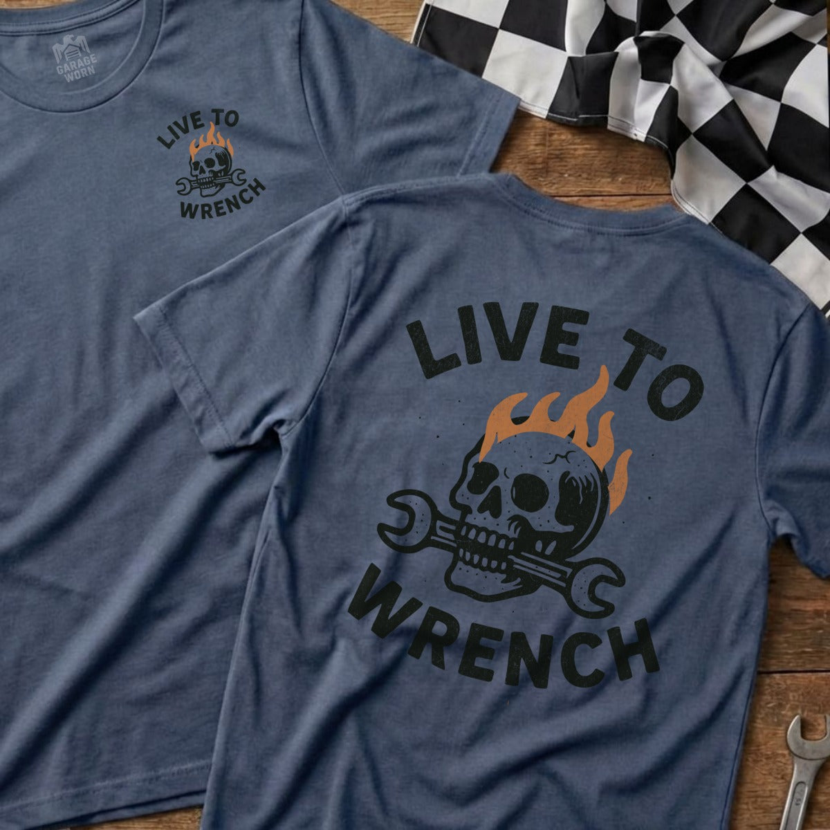 Live to Wrench Skull Flame Design Product