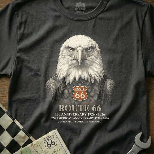 T-shirt with eagle wearing Route 66 pendant, commemorating 100th anniversary.
