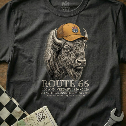 T-shirt with bison wearing Route 66 cap. Text reads "Route 66".